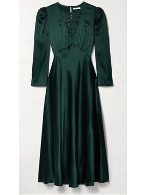 NWT DÔEN Heirloom Melinda Embroidered Silk-Satin Midi Dress in Alpine Green L!